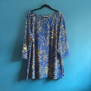 Travelsmith Animal Print Tunic Women's Plus Size 2X Blue Tan Retro USA No Iron